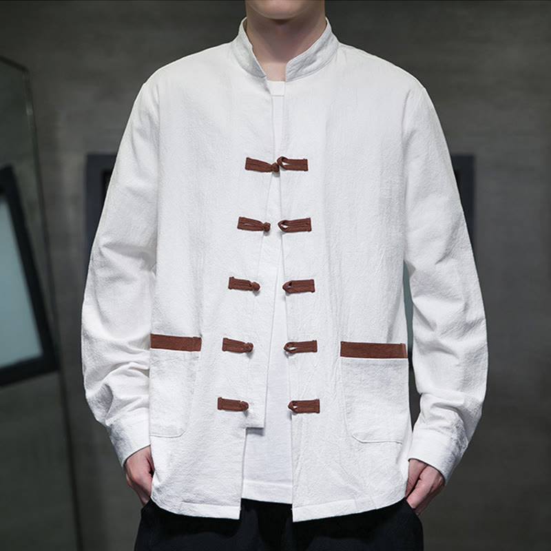 Buddha Stones Men's Stand Collar Frog-button Cotton Linen Long Sleeve Shirt With Pockets - White - US/UK/AU46，EU56 (5XL) - image 1