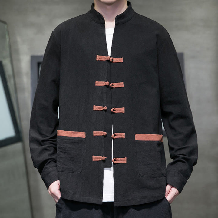 Buddha Stones Men's Stand Collar Frog-button Cotton Linen Long Sleeve Shirt With Pockets - Black - US/UK/AU46，EU56 (5XL) - image 10