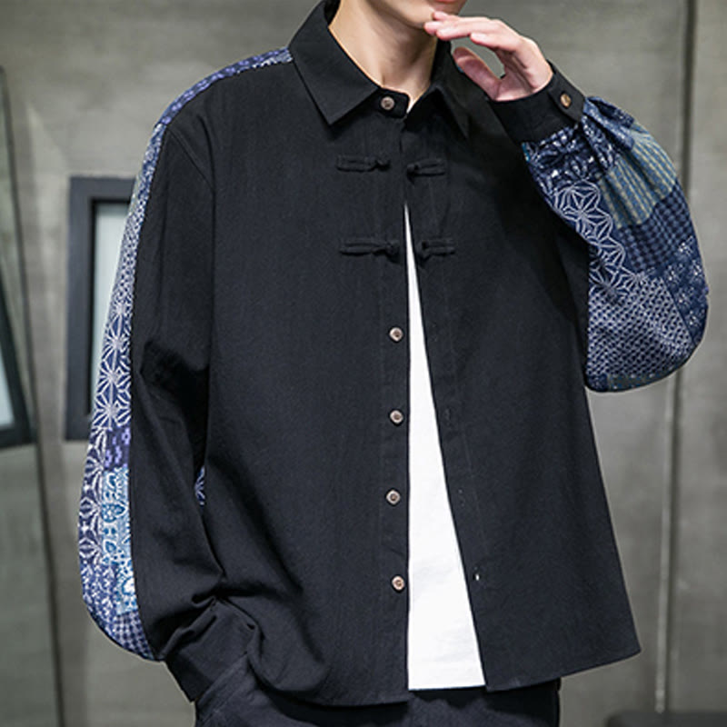 Buddha Stones Men's Flower Pattern Stitching Cotton Blend Long Sleeve Shirt - image 3