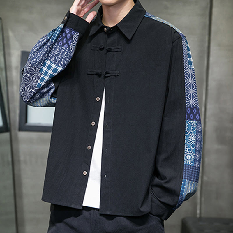 Buddha Stones Men's Flower Pattern Stitching Cotton Blend Long Sleeve Shirt - image 5