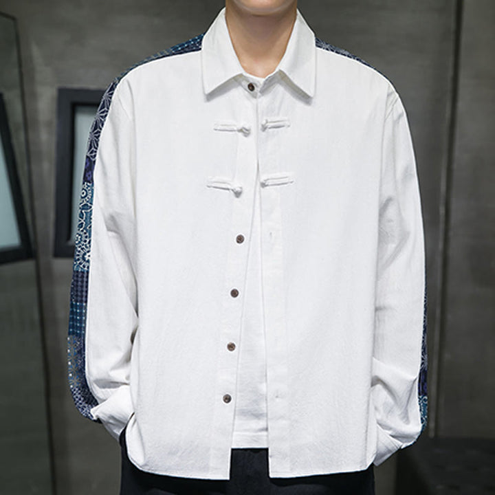 Buddha Stones Men's Flower Pattern Stitching Cotton Blend Long Sleeve Shirt - White - US/UK/AU50，EU60 (5XL) - image 9