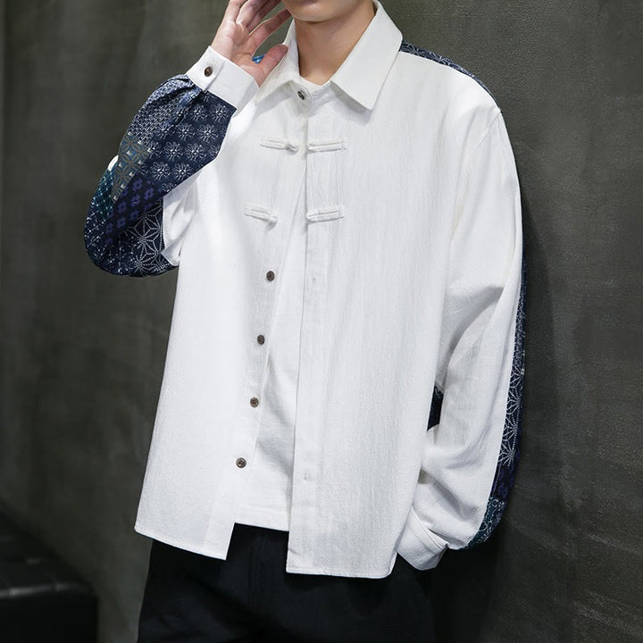 Buddha Stones Men's Flower Pattern Stitching Cotton Blend Long Sleeve Shirt - image 9