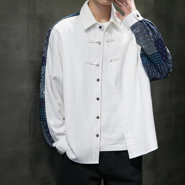 Buddha Stones Men's Flower Pattern Stitching Cotton Blend Long Sleeve Shirt - image 15