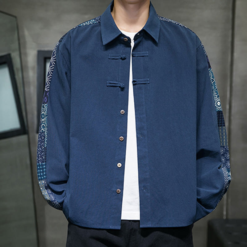 Buddha Stones Men's Flower Pattern Stitching Cotton Blend Long Sleeve Shirt - SteelBlue - US/UK/AU50，EU60 (5XL) - image 17