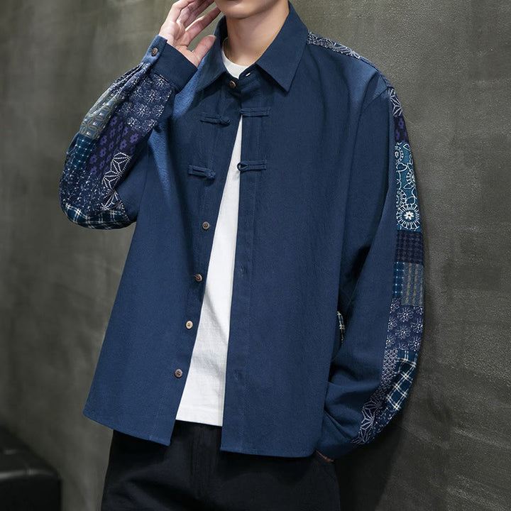 Buddha Stones Men's Flower Pattern Stitching Cotton Blend Long Sleeve Shirt - image 20