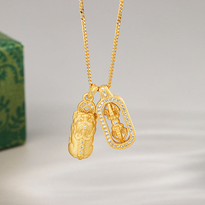 Buddha Stones 925 Sterling Silver Mini PiXiu Dorje Vajra Wealth Necklace Pendant - Golden - Pixiu Vajra - image 1