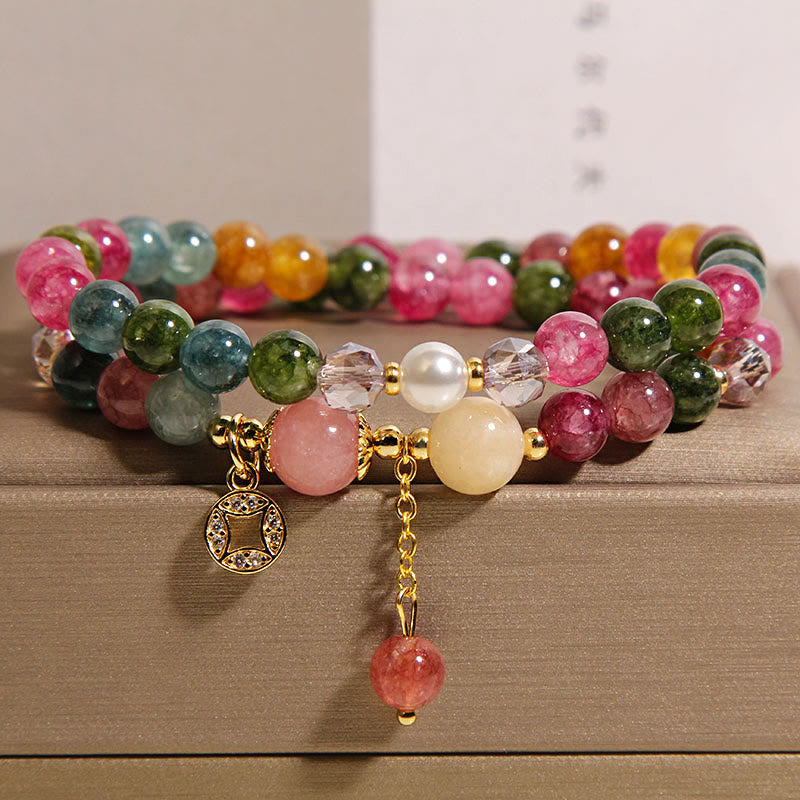 Buddha Stones Tourmaline Purple Jade Aquamarine Jade Copper Coin Positive Double Wrap Bracelet - Tourmaline(Wrist Circumference: 14-15cm) - image 1