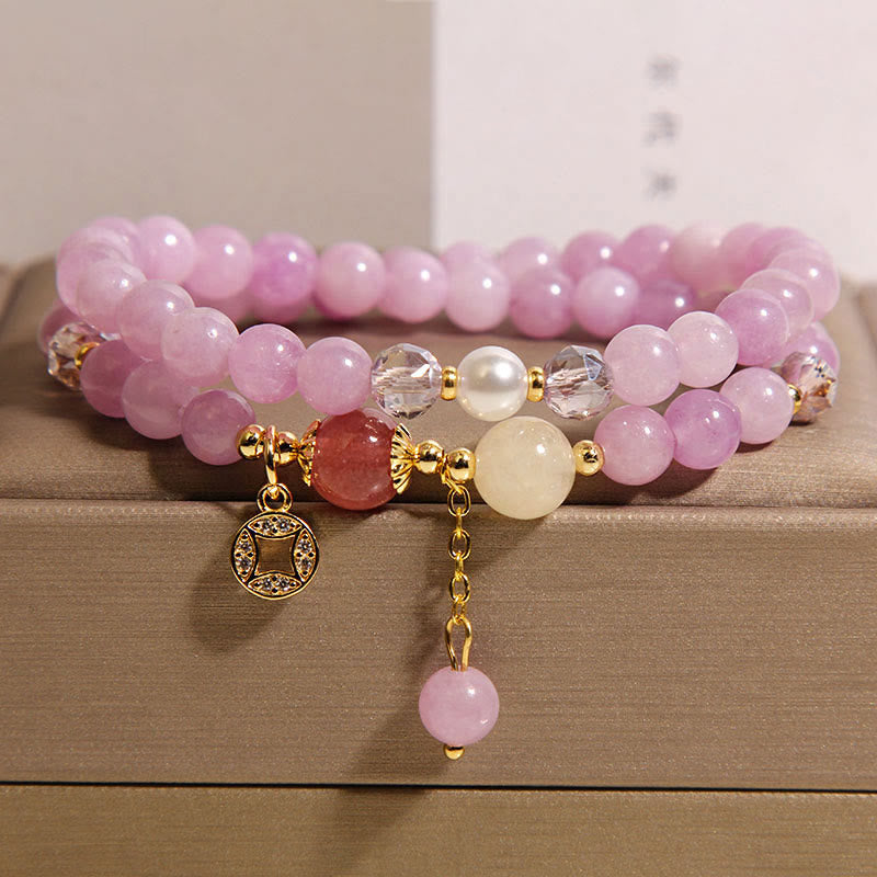Buddha Stones Tourmaline Purple Jade Aquamarine Jade Copper Coin Positive Double Wrap Bracelet - Purple Jade(Wrist Circumference: 14-15cm) - image 5