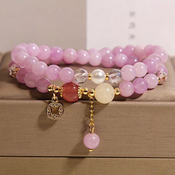 Buddha Stones Tourmaline Purple Jade Aquamarine Jade Copper Coin Positive Double Wrap Bracelet - Purple Jade(Wrist Circumference: 14-15cm) - image 5