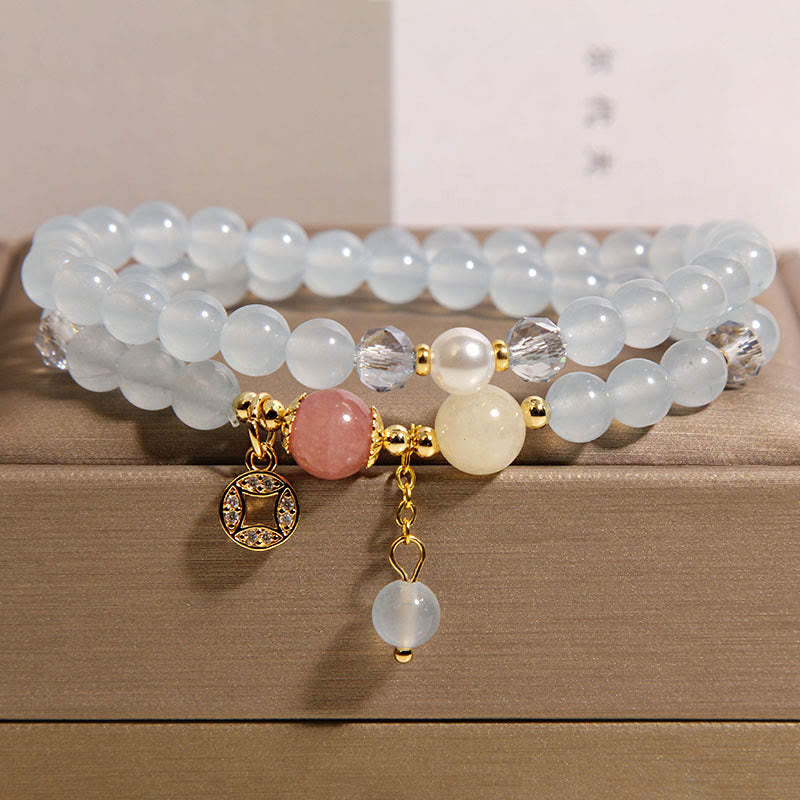 Buddha Stones Tourmaline Purple Jade Aquamarine Jade Copper Coin Positive Double Wrap Bracelet - Aquamarine(Wrist Circumference: 14-15cm) - image 7