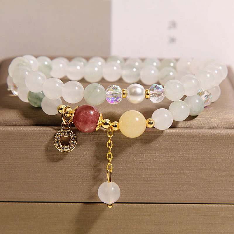 Buddha Stones Tourmaline Purple Jade Aquamarine Jade Copper Coin Positive Double Wrap Bracelet - Jade(Wrist Circumference: 14-15cm) - image 9