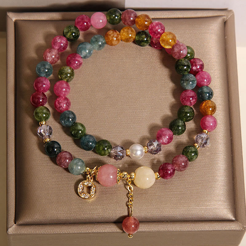 Buddha Stones Tourmaline Purple Jade Aquamarine Jade Copper Coin Positive Double Wrap Bracelet - image 2