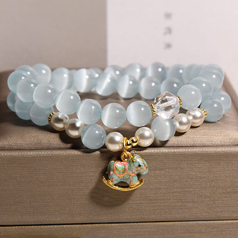 Buddha Stones Blue Cat Eye Trojan Horse Charm Support Double Wrap Bracelet - image 4