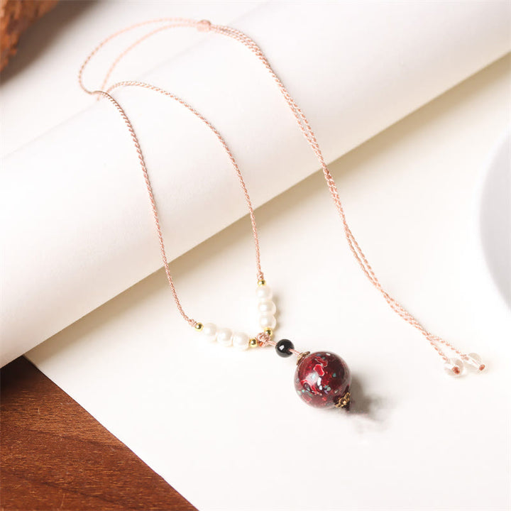 Buddha Stones Ebony Wood Aurora Lacquer Craft Bead Pearl Balance Necklace Pendant - Dark Red(Random Red) - image 3