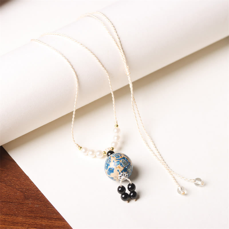 Buddha Stones Ebony Wood Aurora Lacquer Craft Bead Pearl Balance Necklace Pendant - Blue White Charm(Random Blue White) - image 11