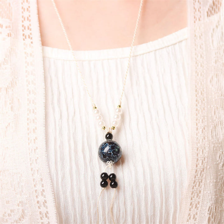 Buddha Stones Ebony Wood Aurora Lacquer Craft Bead Pearl Balance Necklace Pendant - image 6