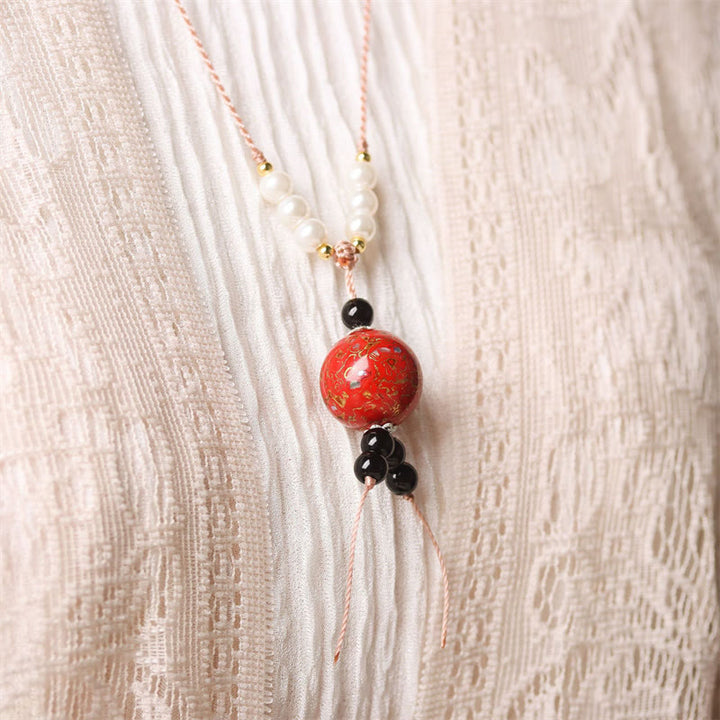 Buddha Stones Ebony Wood Aurora Lacquer Craft Bead Pearl Balance Necklace Pendant - image 9