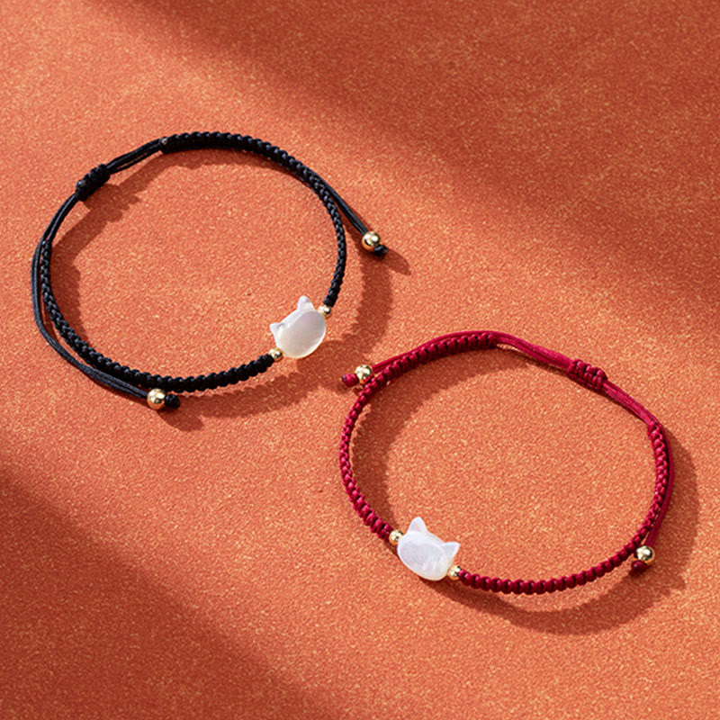 Buddha Stones Faceless Cat Head Red String Shell Connection Bracelet - image 8
