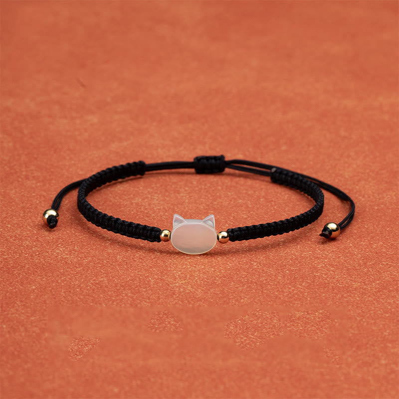 Buddha Stones Faceless Cat Head Red String Shell Connection Bracelet - White Cat Black String - image 5