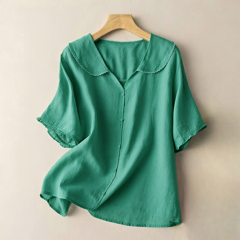 Buddha Stones Casual Plain Button Half Sleeve Middy Collar Women's Shirt - SeaGreen - US12，UK/AU16，EU44 (2XL) - image 1