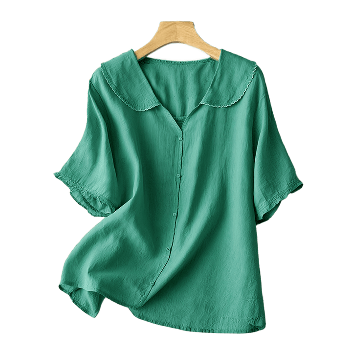 Buddha Stones Casual Plain Button Half Sleeve Middy Collar Cotton Women's Shirt - image 4