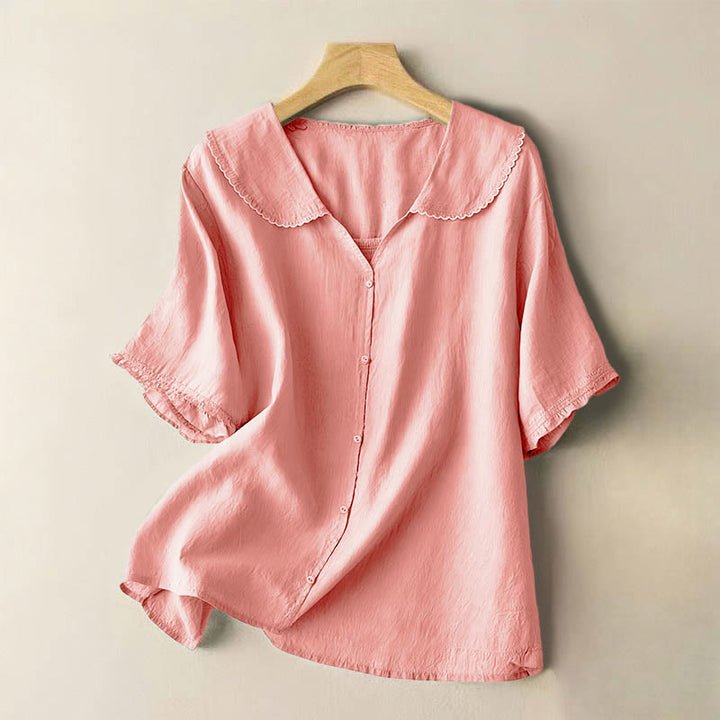 Buddha Stones Casual Plain Button Half Sleeve Middy Collar Cotton Women's Shirt - LightPink - US12，UK/AU16，EU44 (2XL) - image 23