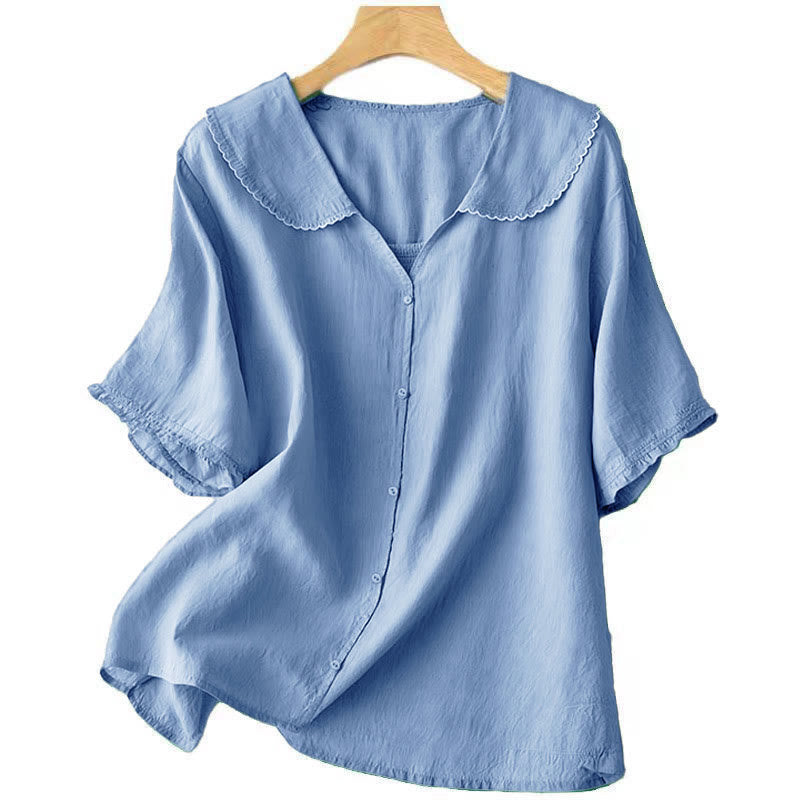 Buddha Stones Casual Plain Button Half Sleeve Middy Collar Cotton Women's Shirt - image 17