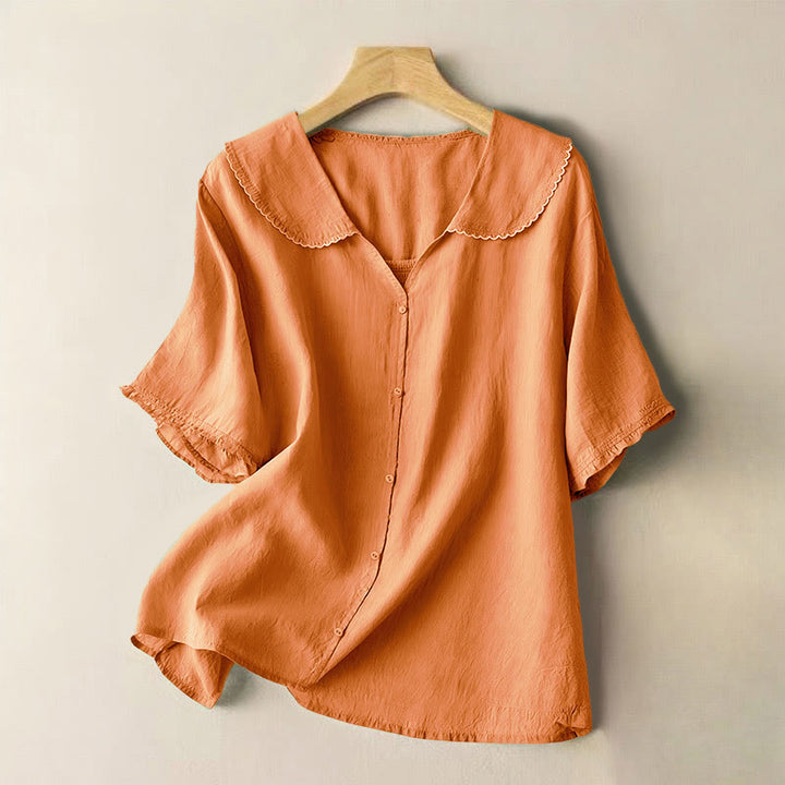 Buddha Stones Casual Plain Button Half Sleeve Middy Collar Cotton Women's Shirt - SandyBrown - US12，UK/AU16，EU44 (2XL) - image 6