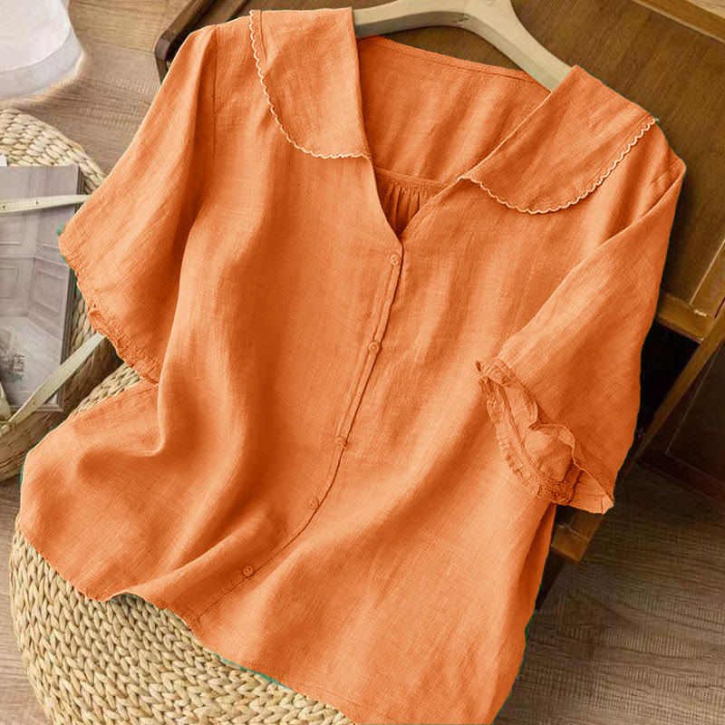 Buddha Stones Casual Plain Button Half Sleeve Middy Collar Cotton Women's Shirt - image 10