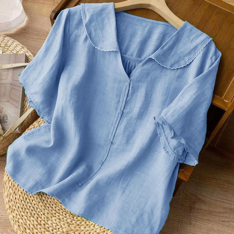 Buddha Stones Casual Plain Button Half Sleeve Middy Collar Cotton Women's Shirt - image 16