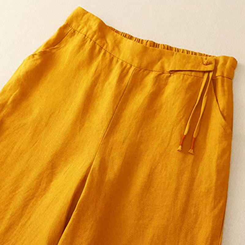 Buddha Stones Casual Solid Color One Button Women's Capri Wide Leg Pants With Pockets - image 1