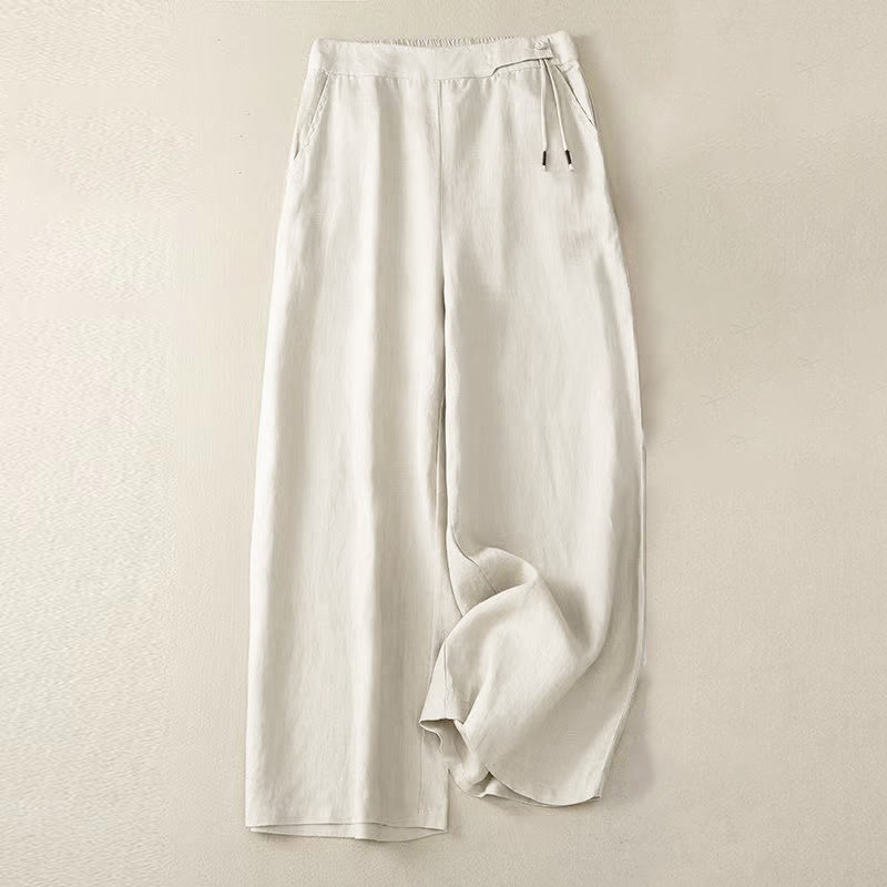 Buddha Stones Casual Solid Color One Button Cotton Women's Wide Leg Pants With Pockets - Beige - US12，UK/AU16，EU44 (3XL) - image 12