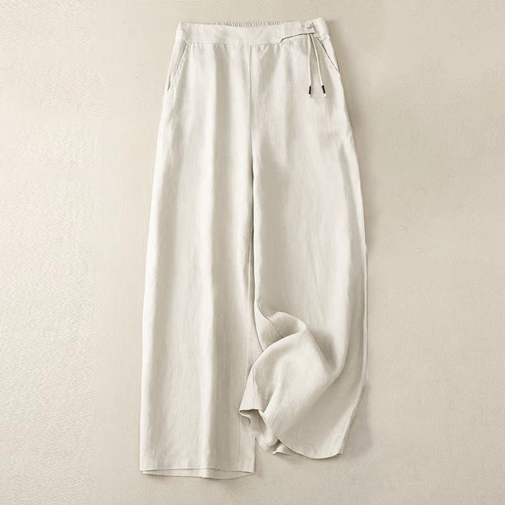 Buddha Stones Casual Solid Color One Button Cotton Women's Wide Leg Pants With Pockets - Beige - US12，UK/AU16，EU44 (3XL) - image 12