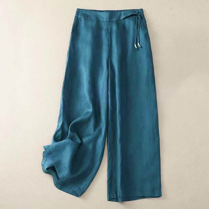 Buddha Stones Casual Solid Color One Button Cotton Women's Wide Leg Pants With Pockets - Teal - US12，UK/AU16，EU44 (3XL) - image 22