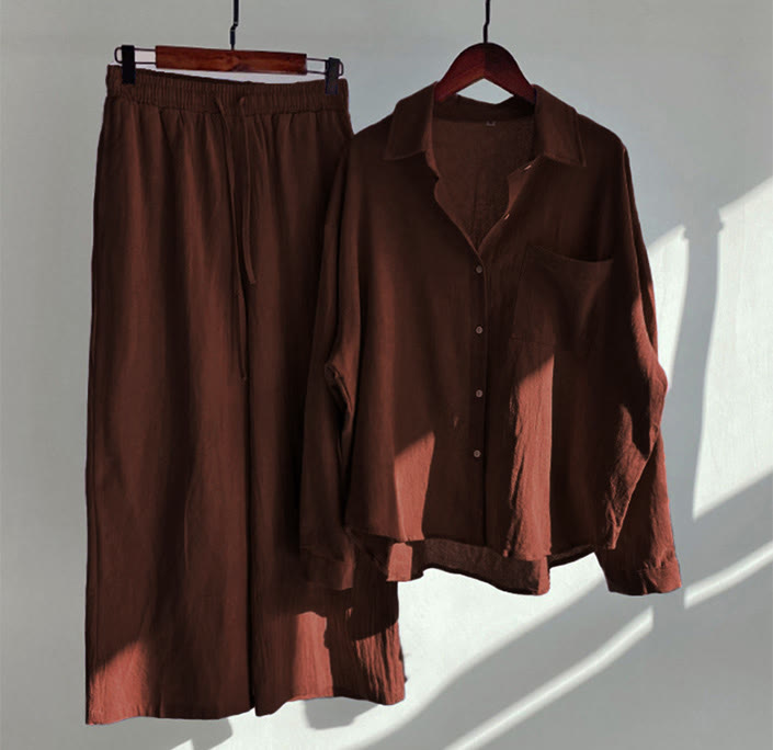 Buddha Stones 2Pcs Long Sleeve Shirt Top With Pockets Drawstring Pants Meditation Cotton Linen Clothing Women's Set - FireBrick - US18，UK/AU22，EU50 (5XL) - image 36