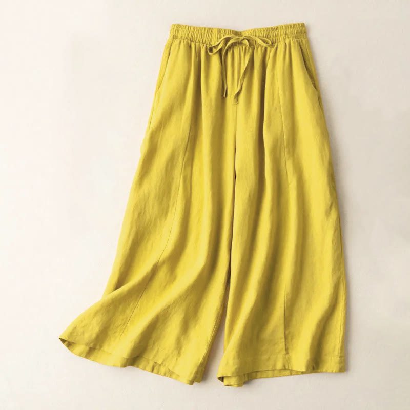 Buddha Stones Plain Color 7-8 Length Capri Cropped Pants Cotton Linen Women's Wide Leg Pants With Pockets - Gold - US12，UK/AU16，EU44 (3XL) - image 0
