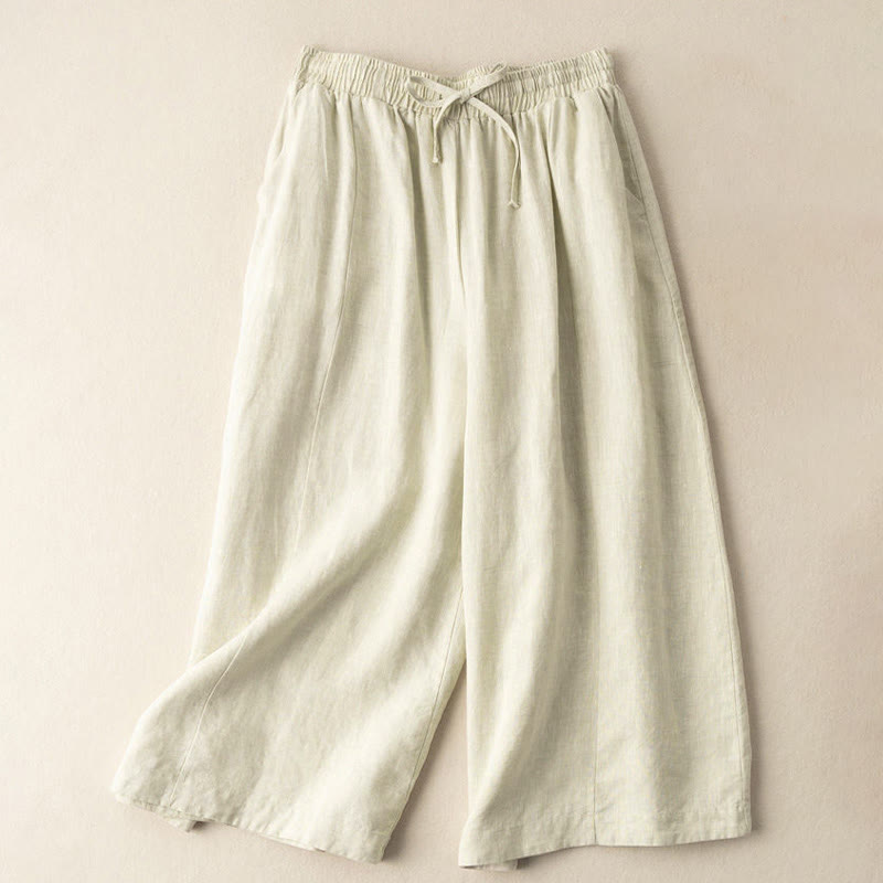 Buddha Stones Plain Color 7-8 Length Capri Cropped Pants Cotton Linen Women's Wide Leg Pants With Pockets - image 23