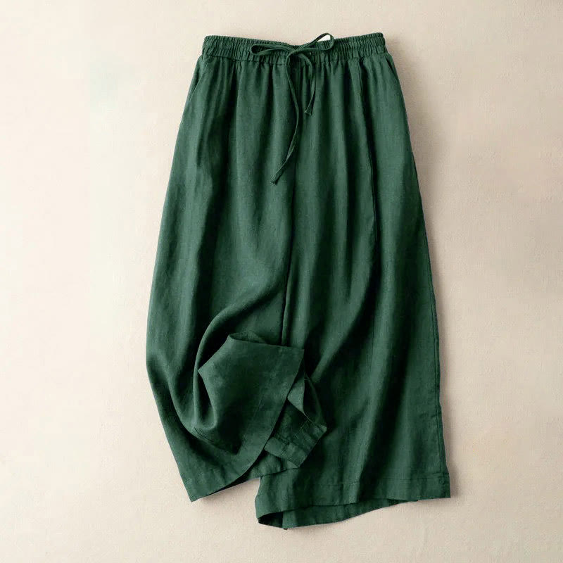 Buddha Stones Plain Color 7-8 Length Capri Cropped Pants Cotton Linen Women's Wide Leg Pants With Pockets - DarkSlateGray - US12，UK/AU16，EU44 (3XL) - image 19
