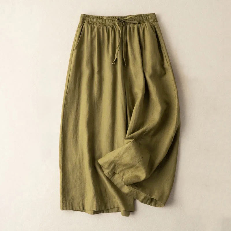 Buddha Stones Plain Color 7-8 Length Capri Cropped Pants Cotton Linen Women's Wide Leg Pants With Pockets - DarkGoldenrod - US12，UK/AU16，EU44 (3XL) - image 11