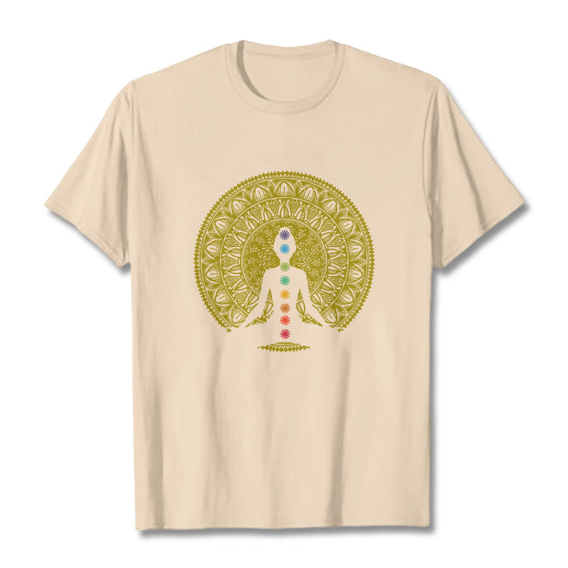 Buddha Stones Casual Colorful Chakra Symbols Golden Meditative Figure Pattern Cotton Tee T-shirt - Bisque - 2XL - image 9