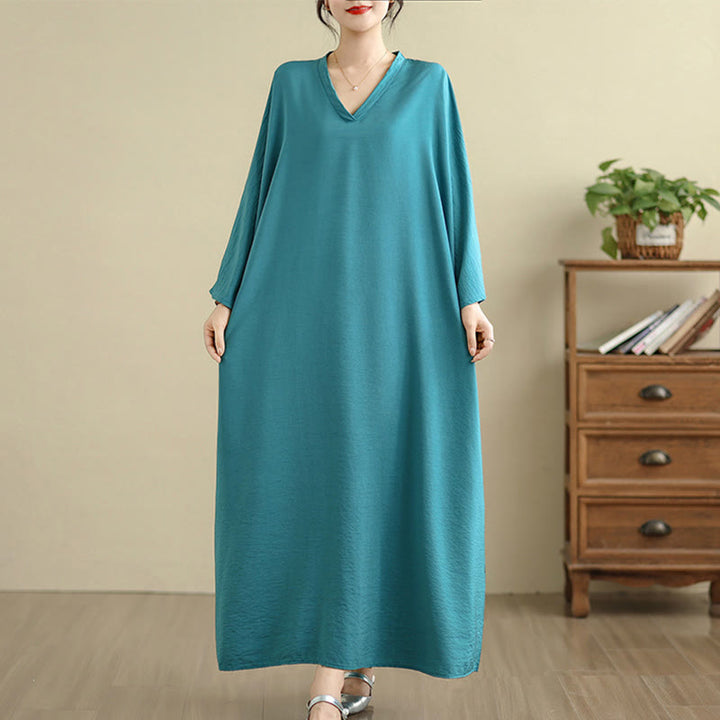 Buddha Stones Retro Casual Solid Color Long Sleeve Cotton Linen Maxi Dress With Pockets - image 14
