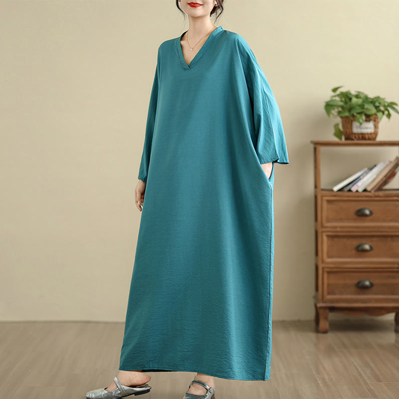 Buddha Stones Retro Casual Solid Color Long Sleeve Cotton Linen Maxi Dress With Pockets - image 15