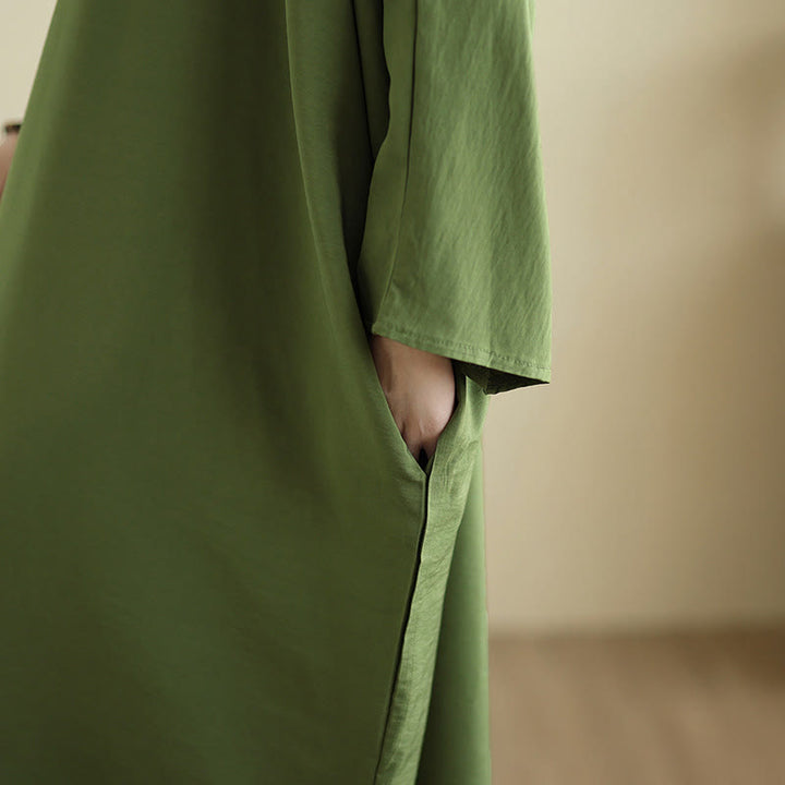 Buddha Stones Retro Casual Solid Color Long Sleeve Cotton Linen Maxi Dress With Pockets - image 9