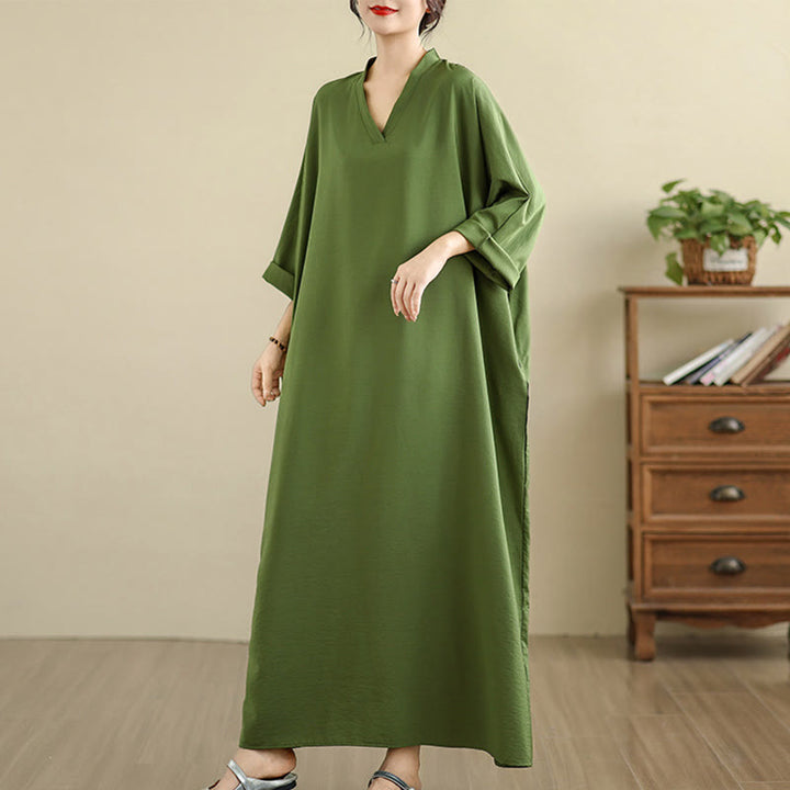 Buddha Stones Retro Casual Solid Color Long Sleeve Cotton Linen Maxi Dress With Pockets - image 5