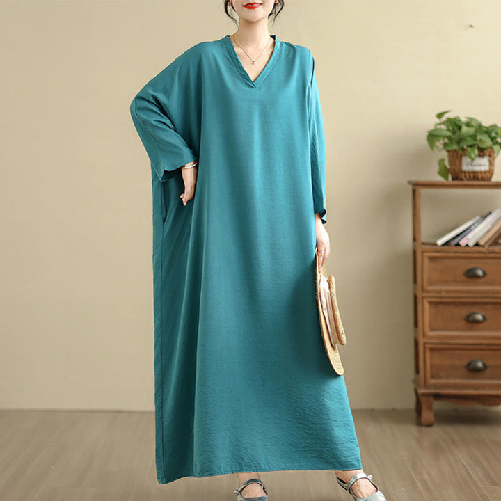 Buddha Stones Retro Casual Solid Color Long Sleeve Cotton Linen Maxi Dress With Pockets - image 16