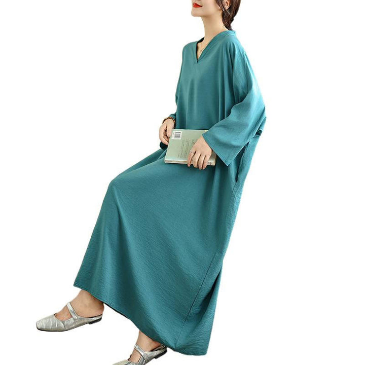 Buddha Stones Retro Casual Solid Color Long Sleeve Cotton Linen Maxi Dress With Pockets - image 24