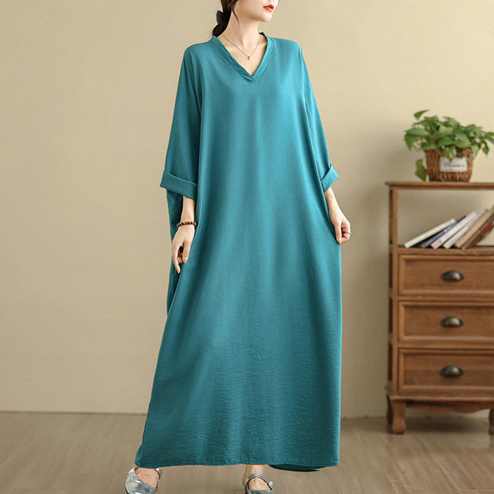 Buddha Stones Retro Casual Solid Color Long Sleeve Cotton Linen Maxi Dress With Pockets - LightSeaGreen - US4-12，UK/AU8-18，EU36-46(F) - image 12