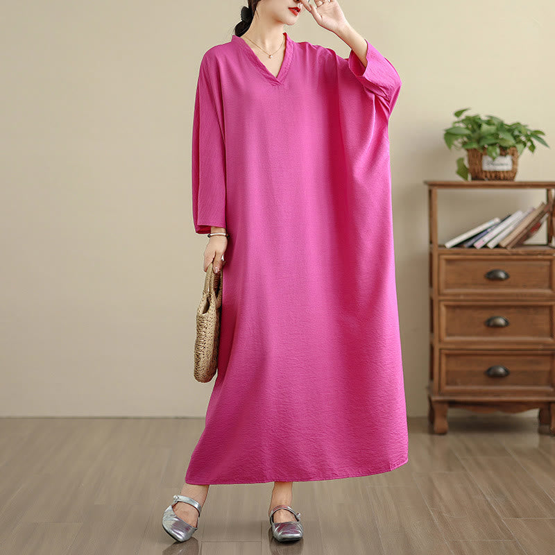 Buddha Stones Retro Casual Solid Color Long Sleeve Cotton Linen Maxi Dress With Pockets - image 27