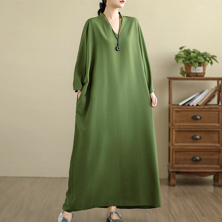 Buddha Stones Retro Casual Solid Color Long Sleeve Cotton Linen Maxi Dress With Pockets - image 6