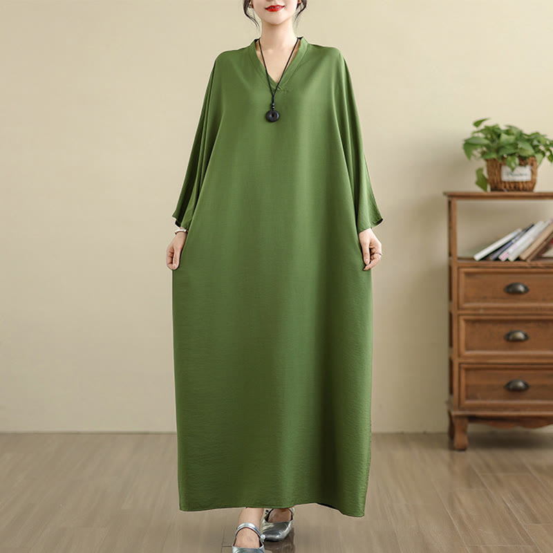 Buddha Stones Retro Casual Solid Color Long Sleeve Cotton Linen Maxi Dress With Pockets - image 2